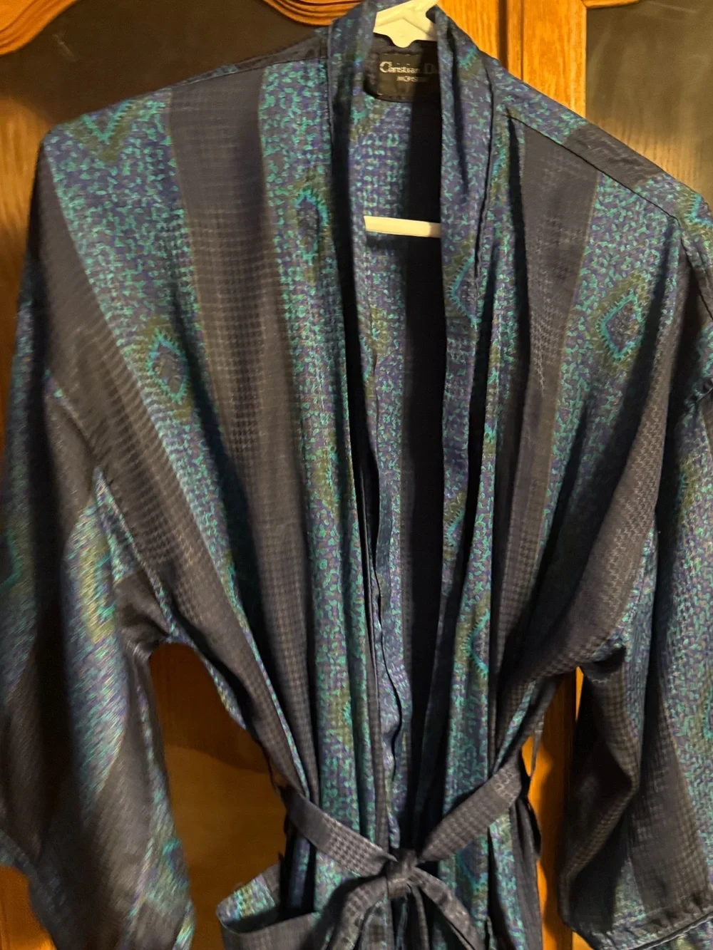 Christian Dior men’s robe one size navy green & blue peacock pattern geometric
